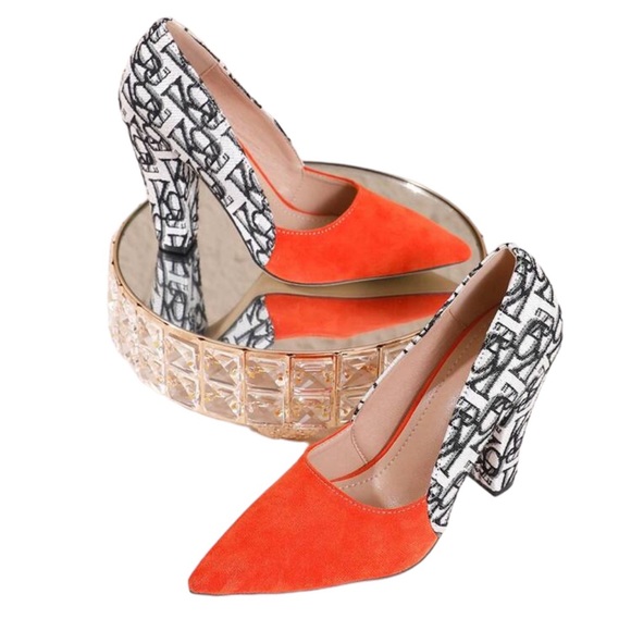Burnt Orange High Heels with Chunky Heel and Multi-Color Glittering Design - Picture 2 of 4